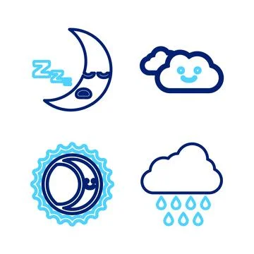 Set line Cloud with rain, Eclipse of the sun, and Moon icon icon. Vector Illustrazione stock