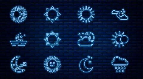 Set line Cloud with rain, Eclipse of the sun, Sun, Moon and stars, moon and.. Ilustração Stock