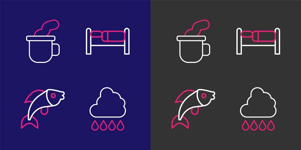 Set line Cloud with rain, Fish, Bed and Cup of tea icon. Vector Stock Illustration