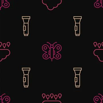 Set line Cloud with rain, Flashlight and Butterfly on seamless pattern. Vector Stock Illustration