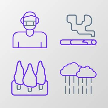 Set line Cloud with rain, Forest, Cigarette and Face protective mask icon Stock Illustration