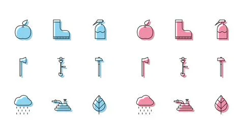 Set line Cloud with rain, Garden hose or fire hose, Apple, Leaf, Grass and .. Stock Illustration
