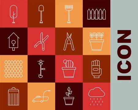 Set line Cloud with rain, Garden gloves, Plants pot, rake, Gardening handma.. Illustrazione stock