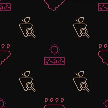 Set line Cloud with rain, Grapes and Drought on seamless pattern. Vector Illustrazione stock