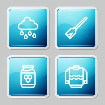 Set line Cloud with rain, Handle broom, Jar of honey and Sweater icon. Vector Stock Illustration