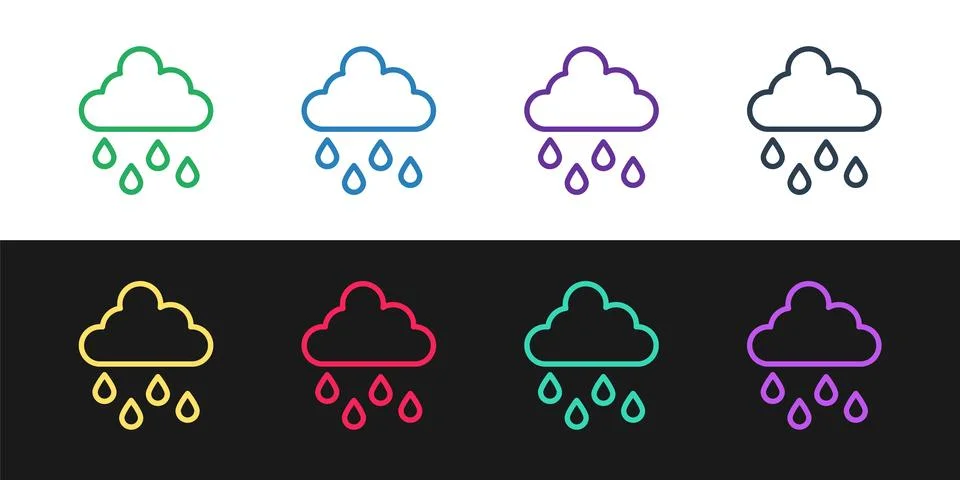 Set line Cloud with rain icon isolated on black and white background. Rain .. Stock Illustration