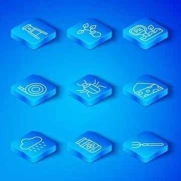 Set line Cloud with rain, Insect fly, Jar of honey, Cheese, Soil ph testing.. Stock Illustration