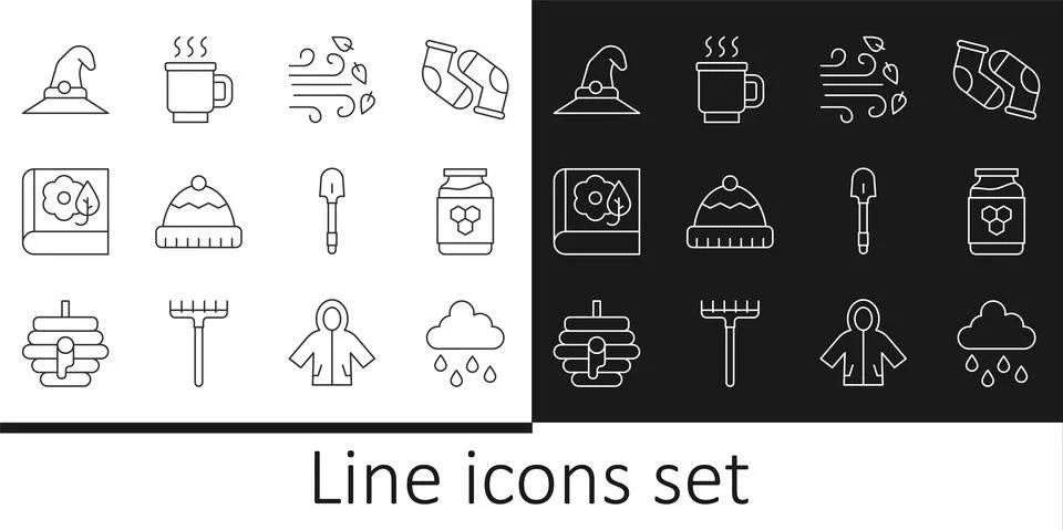 Set line Cloud with rain, Jar of honey, Windy weather, Winter hat, Herbarium Ilustração Stock