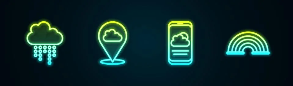 Set line Cloud with rain, Location cloud, Weather forecast and Rainbow. Glowing Illustrazione stock