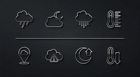 Set line Cloud with rain, Location cloud, Meteorology thermometer, Moon, Storm Illustrazione stock