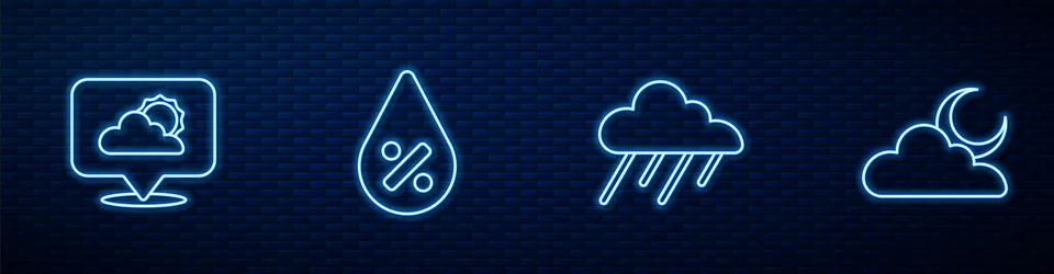 Set line Cloud with rain, Location cloud, Water drop percentage and moon Illustrazione stock