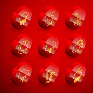 Set line Cloud with rain, Location cloud, Meteorology thermometer, Moon, and sun Illustrazione stock