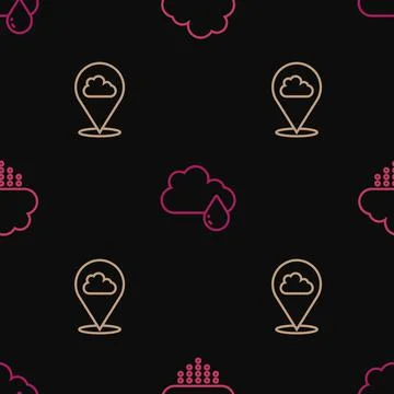 Set line Cloud with rain, Location cloud and  on seamless pattern. Vector Stock Illustration