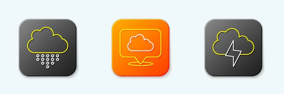 Set line Cloud with rain, Location cloud and Storm icon. Vector Stock Illustration