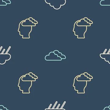 Set line Cloud with rain, Man having headache and on seamless pattern. Vector Illustrazione stock