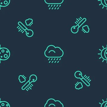 Set line Cloud with rain, Meteorology thermometer and Eclipse of sun on seamless Stock Illustration