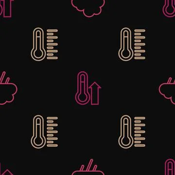Set line Cloud with rain, Meteorology thermometer and on seamless pattern Stock Illustration