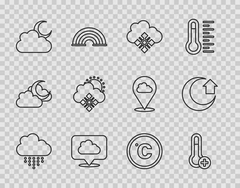 Set line Cloud with rain, Meteorology thermometer, snow, Location cloud, moon Stock Illustration
