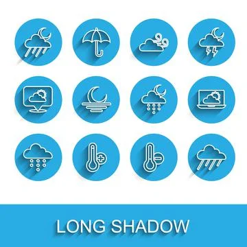 Set line Cloud with rain, Meteorology thermometer, and moon, Sunset, Weather Stock Illustration