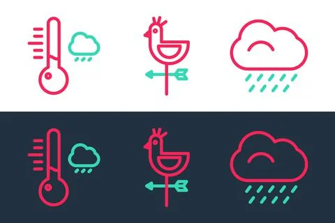 Set line Cloud with rain, Meteorology thermometer and Rooster weather vane icon Stock Illustration