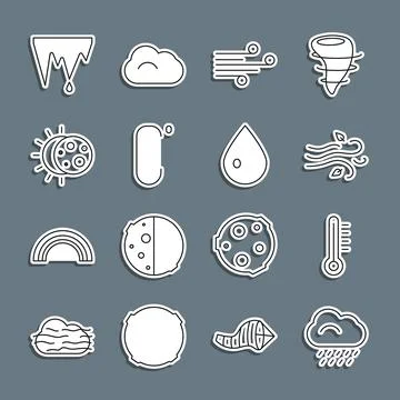 Set line Cloud with rain, Meteorology thermometer, Wind, Celsius, Eclipse o.. Ilustração Stock