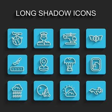 Set line Cloud with rain, Modern pilot helmet, Globe flying plane, Sun and cloud Illustrazione stock