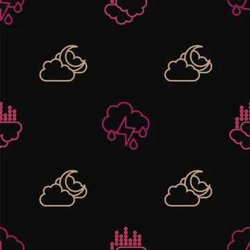 Set line Cloud with rain, moon and and lightning on seamless pattern. Vector Stock Illustration