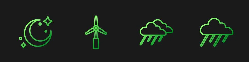 Set line Cloud with rain, Moon and stars, Wind turbine and . Gradient color Stock Illustration