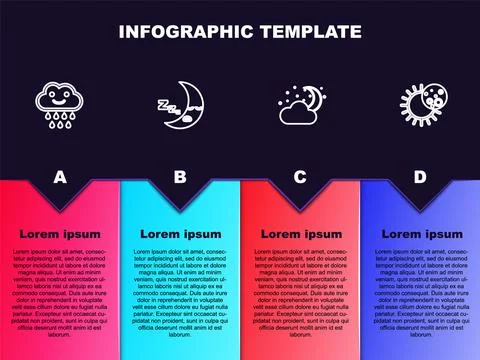 Set line Cloud with rain, Moon icon, moon and stars and Eclipse of the sun 스톡 일러스트