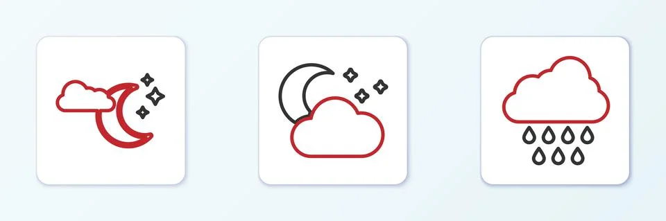 Set line Cloud with rain, moon and stars and icon. Vector 스톡 일러스트