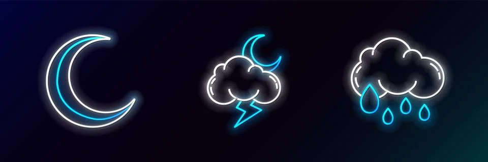 Set line Cloud with rain, Moon and stars and Storm icon. Glowing neon. Vector Illustrazione stock