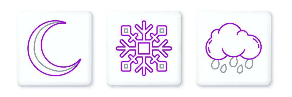 Set line Cloud with rain, Moon and stars and Snowflake icon. Vector イラスト素材