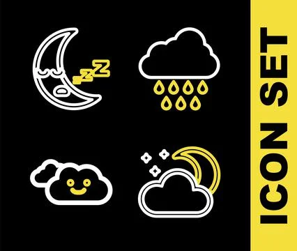 Set line Cloud with rain, moon and stars,  and Moon icon icon. Vector Illustrazione stock
