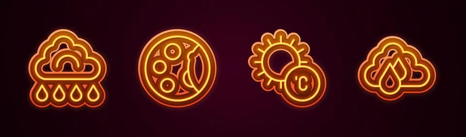 Set line Cloud with rain, Moon phases, Sun and . Glowing neon icon. Vector Stock Illustration