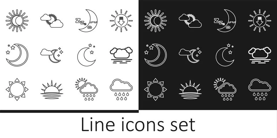 Set line Cloud with rain, Moon icon, moon and stars, Eclipse of the sun,  a.. 스톡 일러스트
