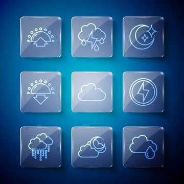 Set line Cloud with rain, moon, Moon and stars, Sunset, Sunrise and Lightni.. Stock Illustration