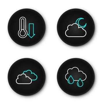 Set line Cloud with rain, moon and Meteorology thermometer icon. Vector Stockillustratie