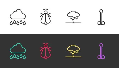 Set line Cloud with rain, Mosquito, African tree and Arrow on black and white Stock Illustration