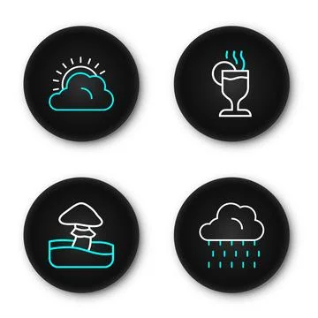 Set line Cloud with rain, Mushroom, Mulled wine and Sun and cloud weather i.. Stock Illustration