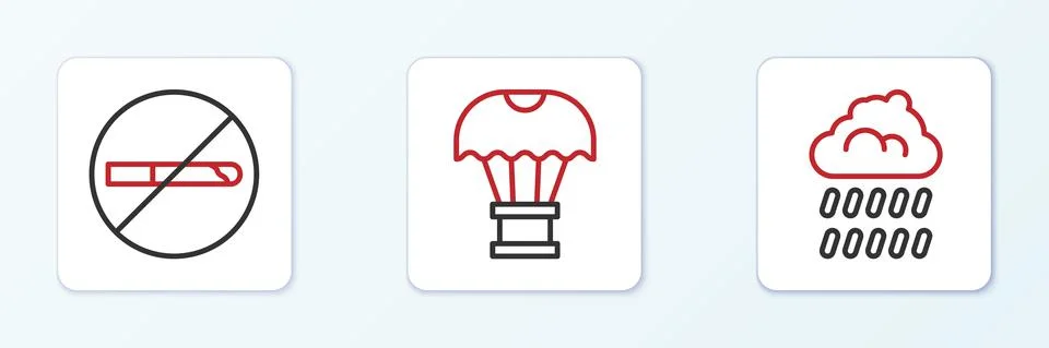 Set line Cloud with rain, No Smoking and Box flying on parachute icon. Vector 스톡 일러스트