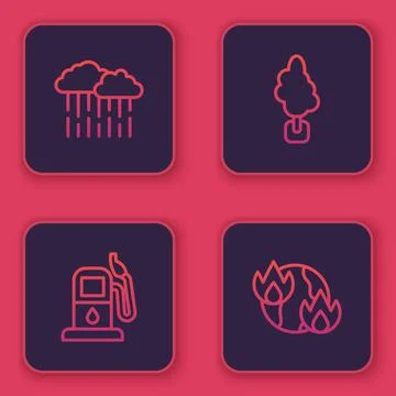 Set line Cloud with rain, Petrol or gas station, Tree and Global warming fire Stock Illustration