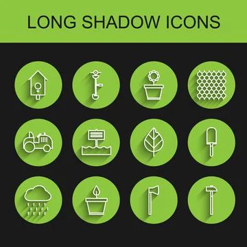 Set line Cloud with rain, Plant pot, Retro wall watch, Wooden axe, Hammer, Bl Stock Illustration