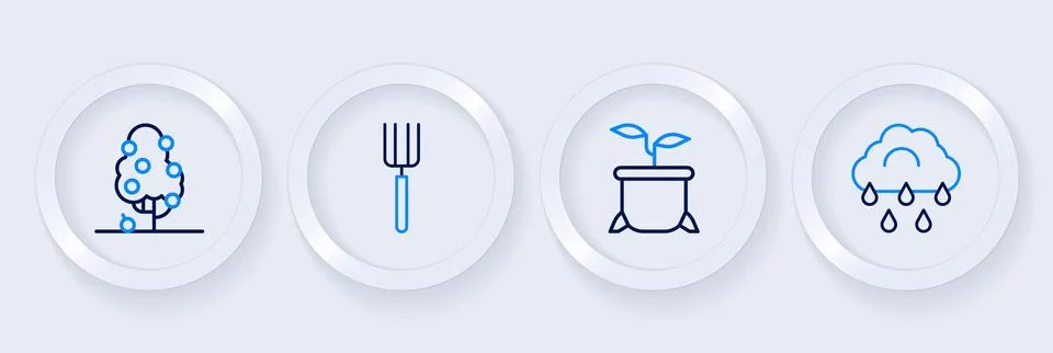Set line Cloud with rain, Plant pot, Garden pitchfork and Fruit tree icon. .. Stock Illustration