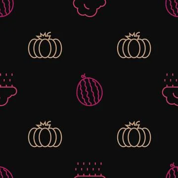 Set line Cloud with rain, Pumpkin and Watermelon on seamless pattern. Vector 스톡 일러스트