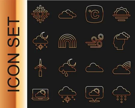 Set line Cloud with rain, Rainbow clouds, Man having headache, Celsius, snow and Stock Illustration