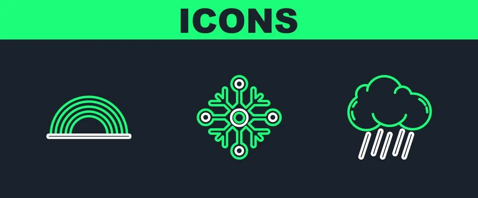 Set line Cloud with rain, Rainbow clouds and Snowflake icon. Vector 스톡 일러스트