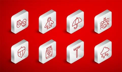 Set line Cloud with rain, Raincoat, Umbrella, Spider, Garden rake, Christmas Stockillustratie