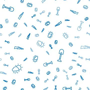 Set line Cloud with rain, Shovel and Hunting gun on seamless pattern. Vector Illustrazione stock