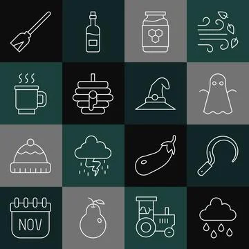 Set line Cloud with rain, Sickle, Ghost, Jar of honey, Hive for bees, Cup tea Ilustração Stock
