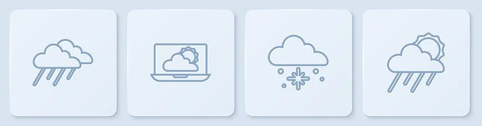 Set line Cloud with rain, snow, Weather forecast and and sun. White square Stockillustratie
